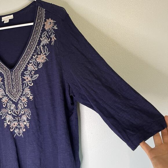 J Jill Womens Navy Blue Embroidered Pullover Shirt Petite Sz XL - Picture 7 of 11